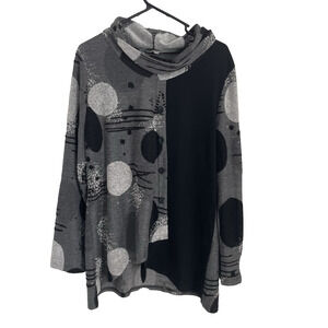 XXL Cowl Neck Tunic Top Gray Black Abstract Dot Print Lagenlook Art to Wear